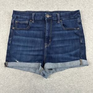 American Eagle Denim Short SZ M Deep Indigo Curvy Hi-Rise Shortie Stretch Cuffed